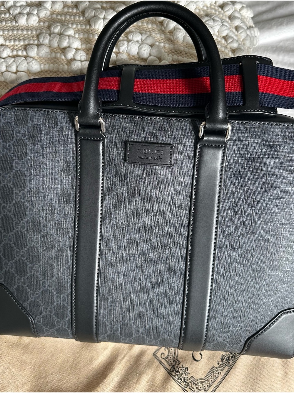 Gucci Black GG Supreme Slim Laptop Briefcase with Red-Blue Web Strap